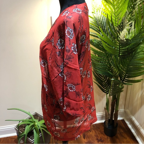 Ann Taylor Striped Floral w/Metallic Detail Kimono Open Front Light Redwood XS/S - Picture 5 of 8